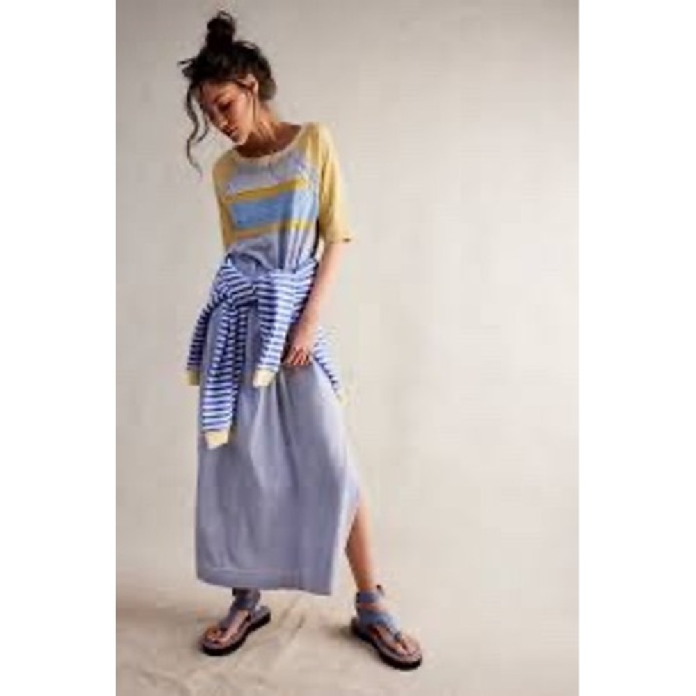Free People We The Free Colorblock Raglan Maxi T-Shirt Dress Blue Yellow XS